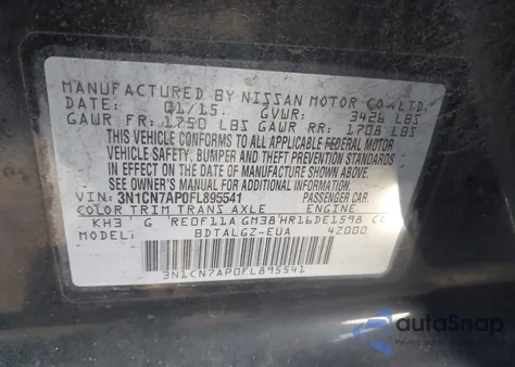 2015 Nissan Versa 1.6 Sl from USA, damaged, VIN 3N1CN7AP0FL895541